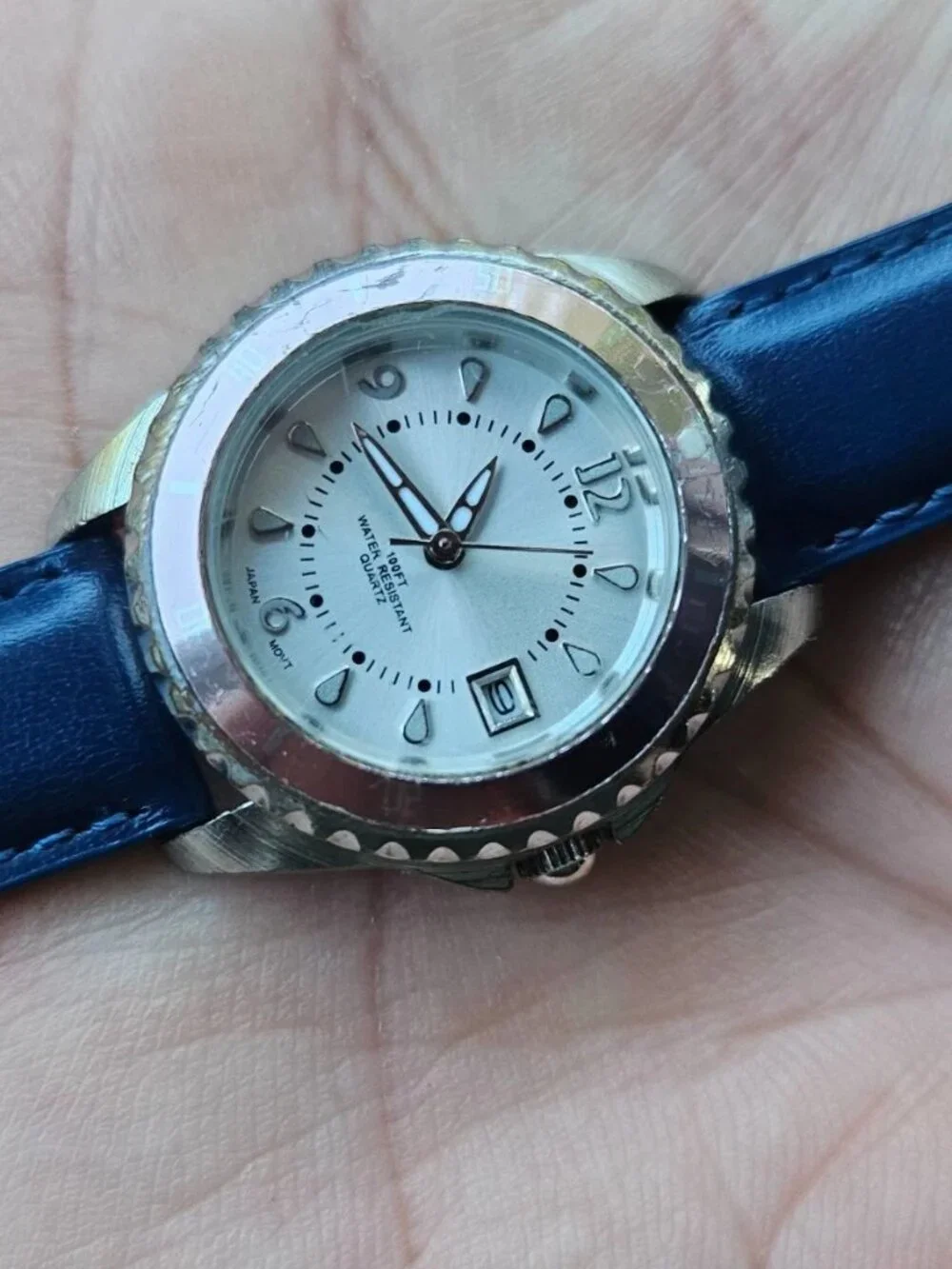 Women Wristwatch Blue Genuine Leather Strap Date Calendar Analog Quartz Watch